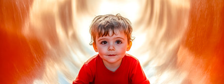 Toddler sliding down playground slide with orange tunnel effectの素材