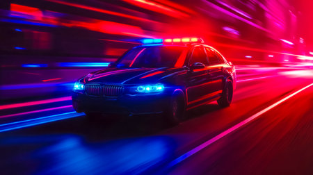 Police car speeding through nighttime street with flashing lightsの素材