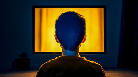 Young student watching online lesson on computer at night at homeの素材