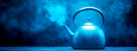 Retro kettle boiling water with blue smoke in backgroundの素材