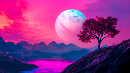 Colonized planet with humans and aliens living in harmony under pink skyの素材