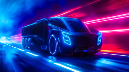 Autonomous electric truck driving on futuristic highway at nightの素材