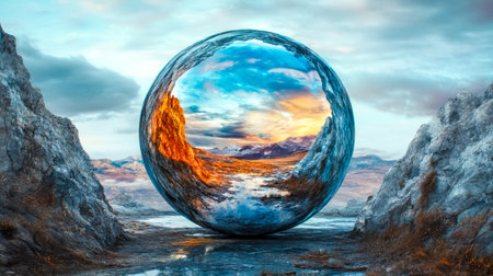 Mirrored sphere reflecting majestic mountain landscape at sunsetの素材