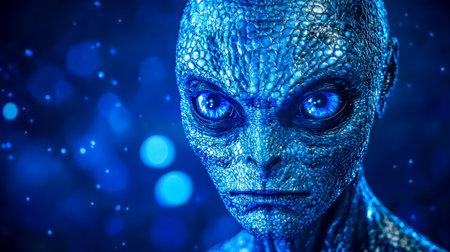 Blue alien creature with scaly skin and bright eyes emerging from spaceの素材