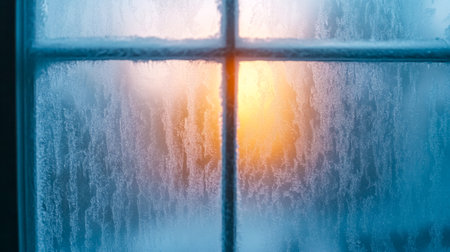 Frozen window showing icy patterns with sunrise in the backgroundの素材