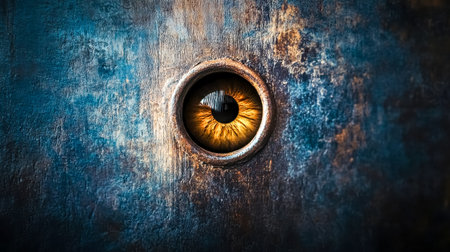 Human eye looking through peephole of rusty metal doorの素材