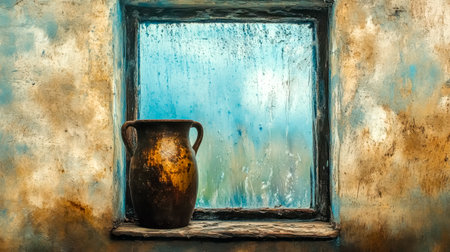 Old clay jug sitting on windowsill in front of warped glass windowの素材