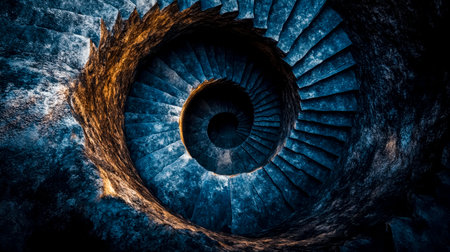 Spiral staircase descending into darkness in a stone tunnelの素材