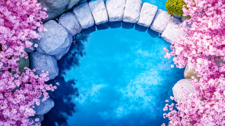 Japanese garden with pond and cherry blossoms in bloom, birds eye viewの素材