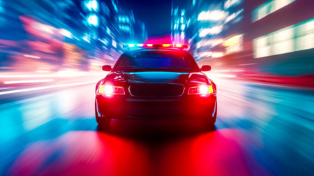 Police car speeding through nighttime city street with flashing lightsの素材