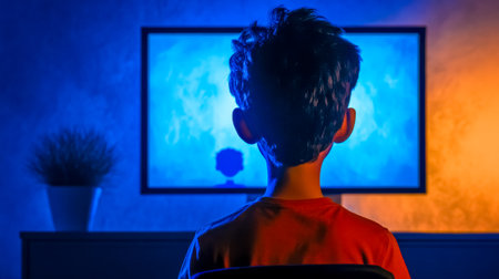 Young student attending online class from home using computer at nightの素材