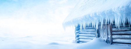 Wooden cabin covered in snow and ice during winter wonderlandの素材