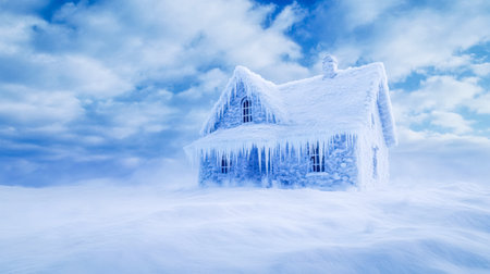 Frozen house covered in snow and ice during winter stormの素材