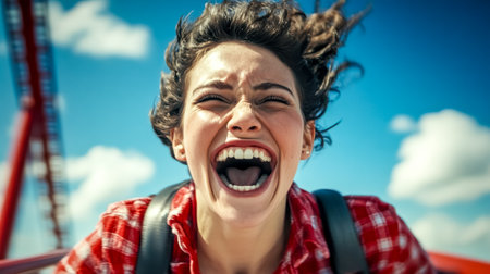 Young woman screaming while riding roller coaster in amusement parkの素材