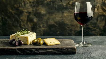 Cheese selection, olives and red wine creating gourmet delight on wooden boardの素材