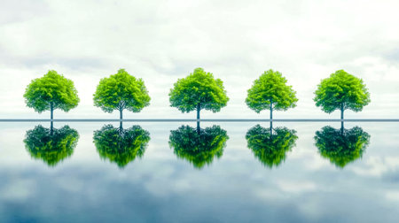 Five identical trees reflected on calm water surface under cloudy skyの素材