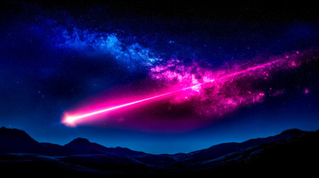 Powerful laser beam pointing at the milky way galaxy from earthの素材