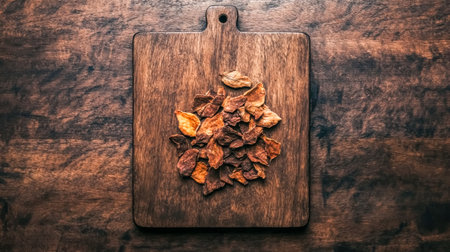 Dried meat on wooden cutting board with spicesの素材