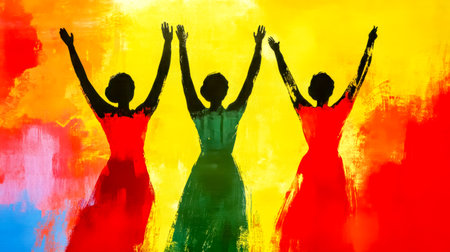 Gospel singers raising hands in colorful praise and worshipの素材