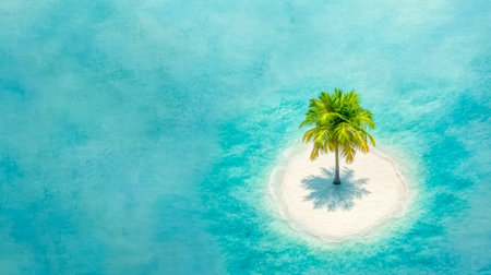 Single palm tree growing on a tiny tropical island in the oceanの素材