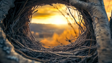 Empty bird nest offering a view of a beautiful sunset over the hillsの素材