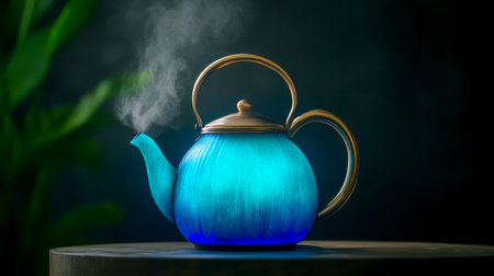 Retro blue kettle boiling water and emitting steam on wooden tableの素材
