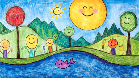 Childlike drawing depicting happy people in a colorful landscape with smiling sunの素材