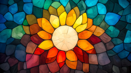 Colorful stained glass window depicting blooming sunflower with vivid colorsの素材