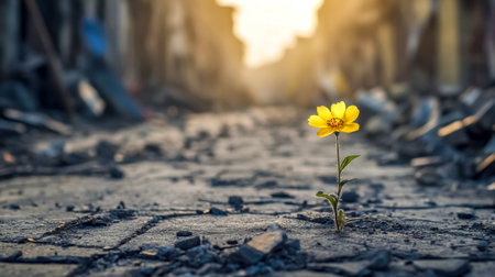 Yellow flower blooming amidst rubble in war torn city at sunsetの素材
