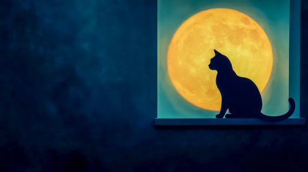 Moonlit cat silhouette perching on windowsill, dark figure outlined against luminous full moon, embodying nocturnal grace and feline mystiqueの素材
