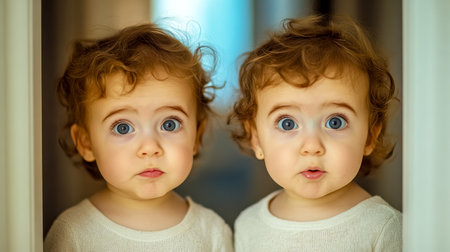 Identical twins with curious expressions in mirrorの素材