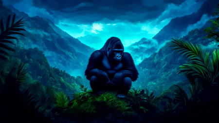Majestic mountain gorilla sitting in a lush tropical rainforestの素材