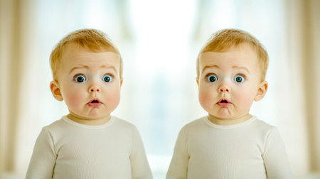 Identical twins showing surprise expression in mirror reflectionの素材