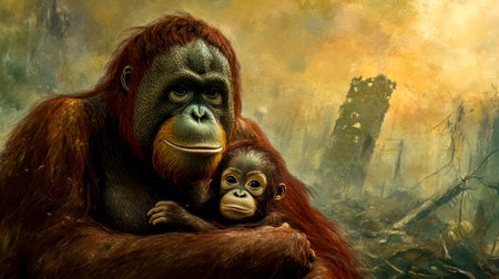 Orangutan mother and baby amidst deforestationの素材