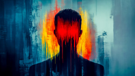 Silhouette fading with dripping red paint depicting mental health issuesの素材