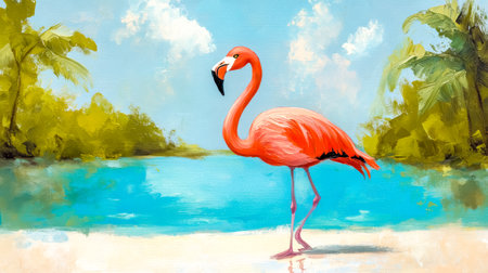 Caribbean flamingo standing at the edge of a lagoon paintingの素材