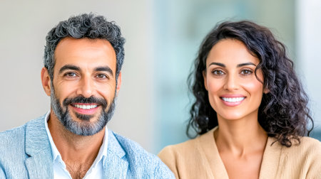 Happy couple smiling in modern doctors office waiting roomの素材