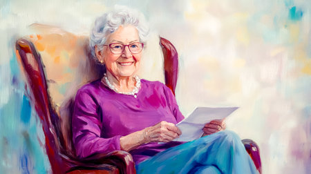 Elderly woman smiling and reading letter in armchair paintingの素材