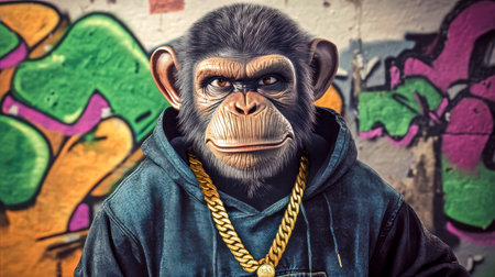 Cool monkey wearing hoodie and gold chain in front of graffiti wallの素材