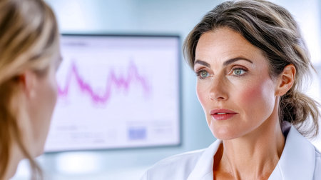 Doctors analyzing medical data on a computer screen in hospital officeの素材