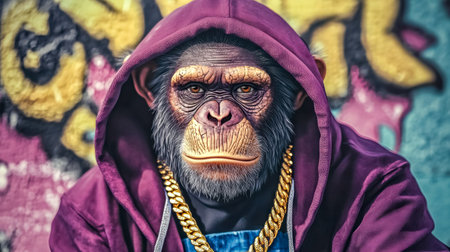 Monkey rapper wearing a purple hoodie and gold chain in front of graffiti wallの素材