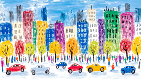 Colorful cityscape drawing with people walking and cars drivingの素材