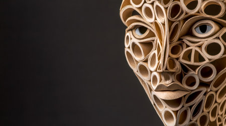 Cardboard tubes sculpture representing a human face looking intensely towards the horizonの素材