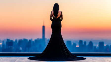Elegant woman wearing long gown admiring new york city skyline at sunsetの素材