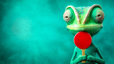 Chameleon holding ping pong paddle on turquoise backgroundの素材