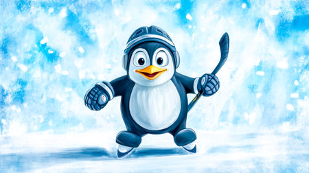 Cartoon penguin playing ice hockey, skating on ice rinkの素材
