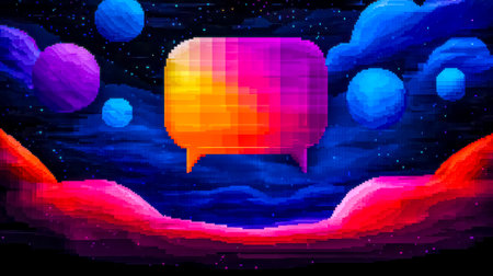 Pixel art showing a colorful speech bubble floating in spaceの素材