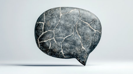 Stone speech bubble showing cracks on white backgroundの素材