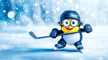 Penguin wearing hockey helmet and pads skating on ice during snowfallの素材