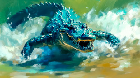 Large crocodile swimming in tropical water with open mouthの素材